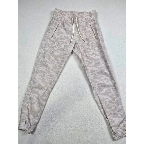 Athleta Cabo Tide 100% Linen Jogger Pants Size 0 Beige Camo Womens Relaxed Fit - Picture 1 of 4